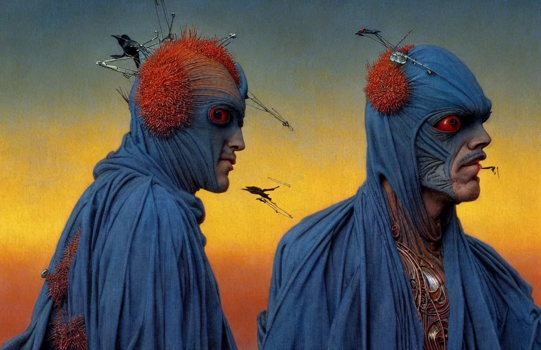 Image similar to realistic detailed portrait movie shot of a birdman wearing dark ragged robes, futuristic city sunset landscape background by denis villeneuve, amano, yves tanguy, alphonse mucha, ernst haeckel, max ernst, roger dean, rich moody colours, blue eyes