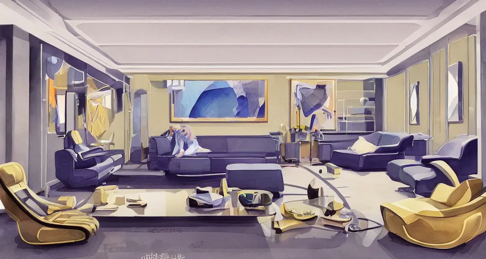 Image similar to a beautiful illustration of futuristic interior hall, lots of furniture, sofa, waiting room, big medium small, sacred geometry, golden ratio, in watercolor gouache detailed paintings, in style of syd mead, trending on artstation,8k, panel, hard surface, vent, zaha hadid, props, plant, cozy,decoration around the room