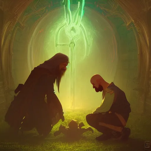 Image similar to an old necromancer kneeling down trying to resurrect his friend from dead, Green aura, artstation, Grim fantasy,emotional, EOS R5, f/2.5 , illustration , concept art, award winning photograph, 8k, Alphonse Mucha style,