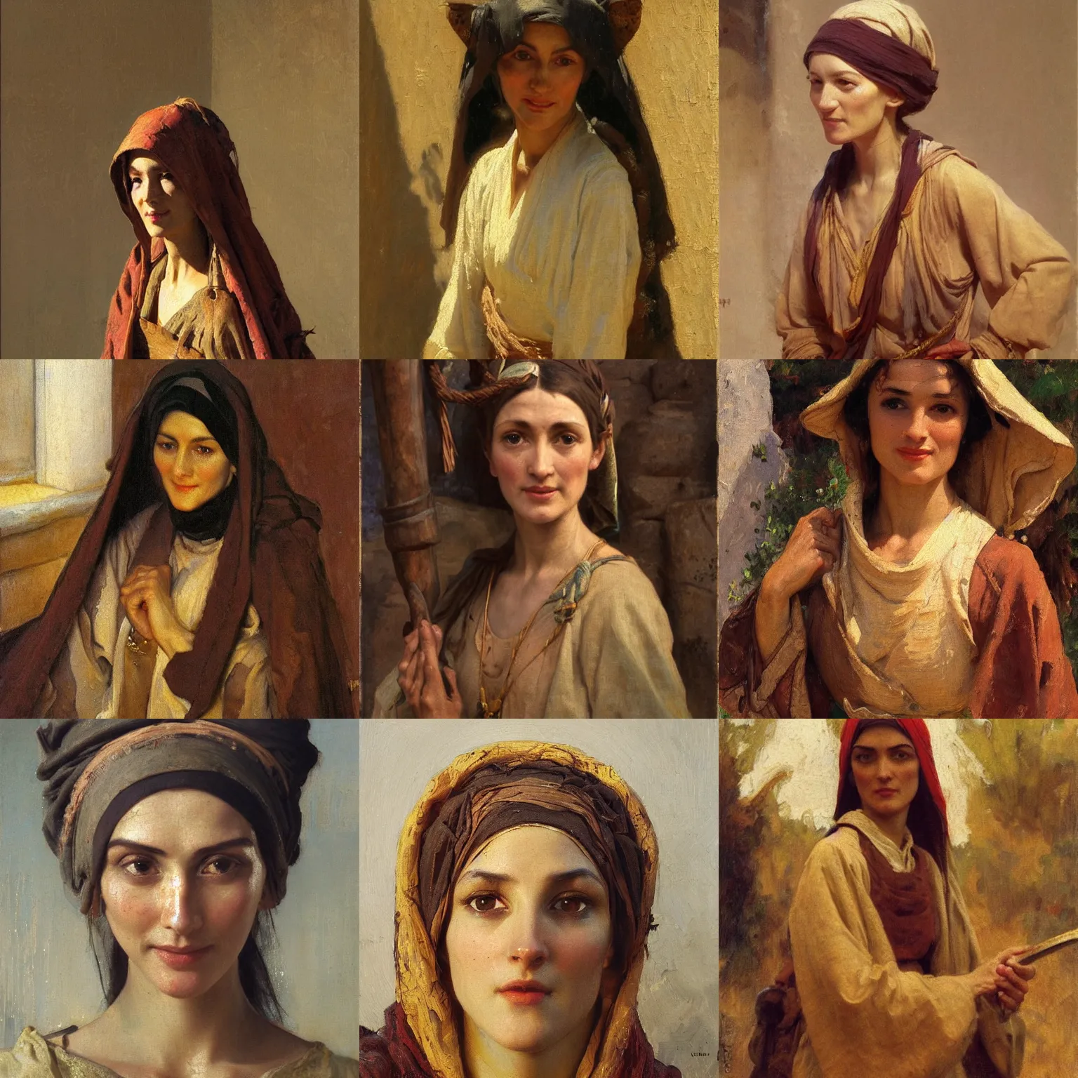 Prompt: cute skinny peasant woman orientalism face detail by theodore ralli and nasreddine dinet and anders zorn and edwin longsden long, bronze age, sword and sorcery, oil on canvas, masterful intricate artwork, excellent lighting, high detail 8 k