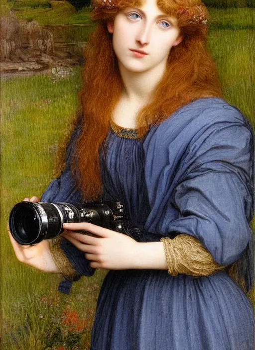 Image similar to Pre-Raphaelite young beautiful blond-hair woman holding a camera