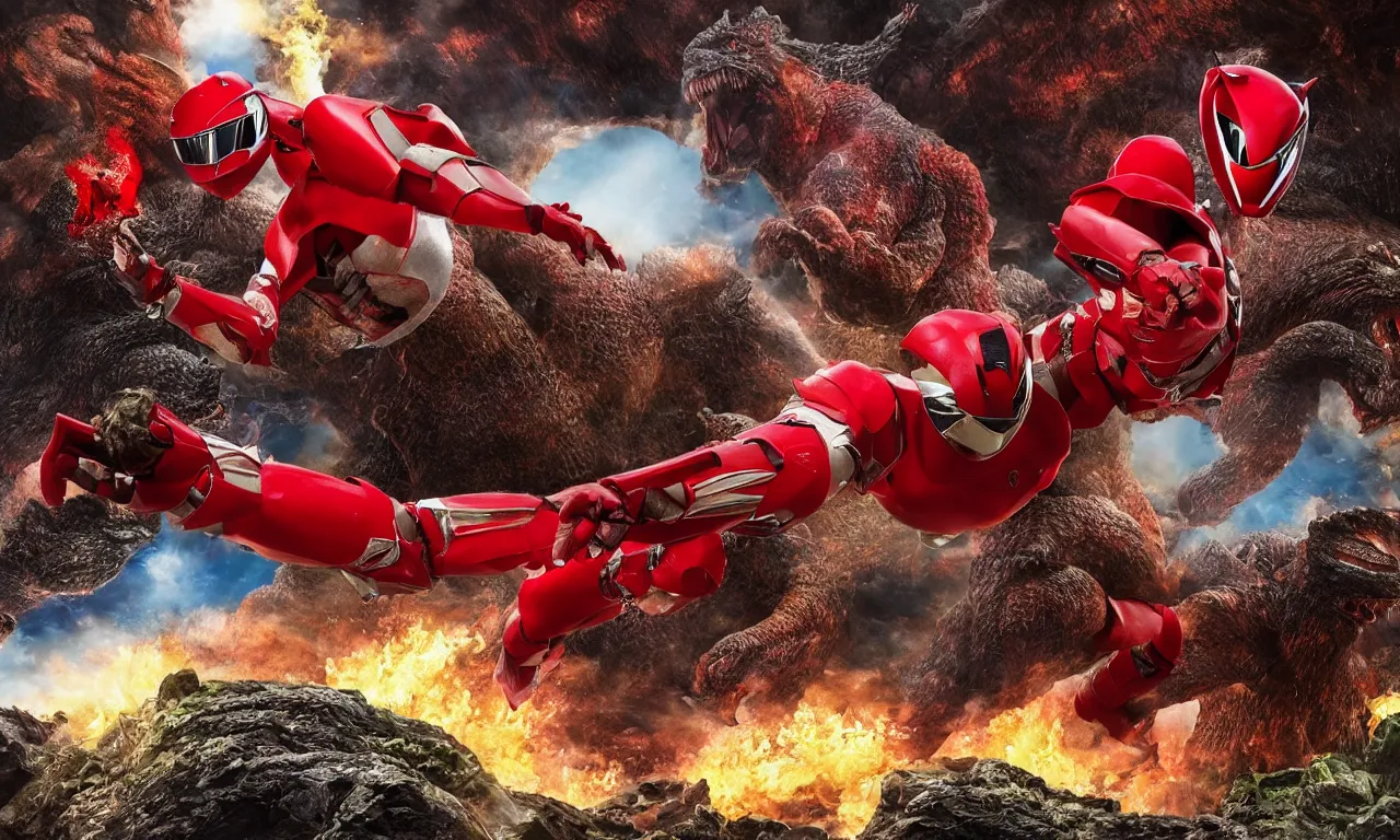 a realistic 4 k wide angle photo of a red power ranger | Stable Diffusion |  OpenArt