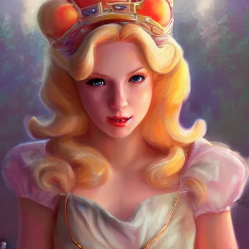 Image similar to princess peach as realistic blond pretty human character art portrait, matte fantasy painting, deviantart artstation, by jason felix by steve argyle by tyler jacobson by peter mohrbacher, cinema c 9. 0