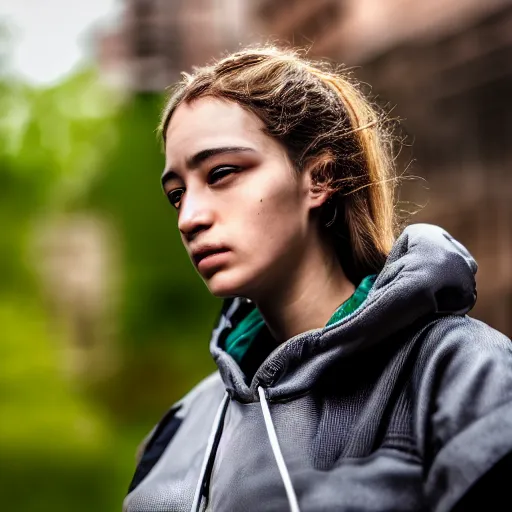 Image similar to candid photographic portrait of a poor techwear mixed young woman smoking inside a dystopian city, closeup, beautiful garden terraces in the background, sigma 85mm f/1.4, 4k, depth of field, high resolution, 4k, 8k, hd, full color