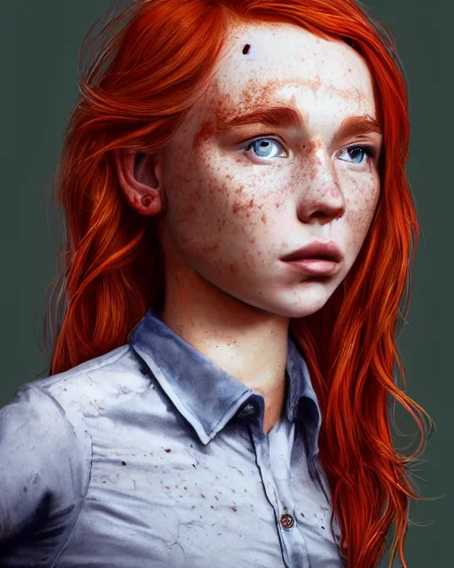 Image similar to portrait of 1 4 - year - old girl with flaming red hair, a lot of freckles, and bright brown eyes, wearing shirt, hyper realistic face, beautiful eyes, character art, art by mark brooks, hyperdetailed, cryengine, trending on artstation, digital art