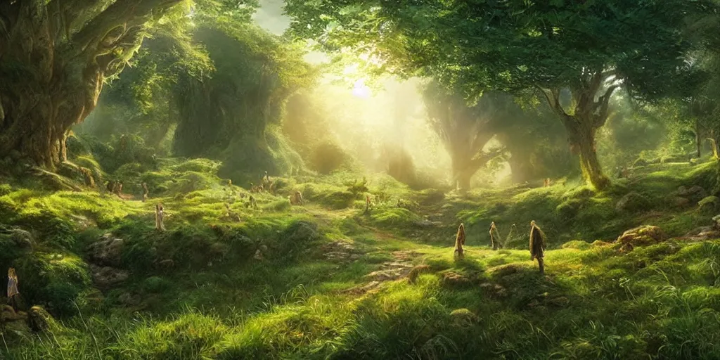 Image similar to lush and beautiful concept art for the shire, lord of the rings, peter jackson, studio ghibli, detailed, realistic lighting, volumetric lighting, golden hour,