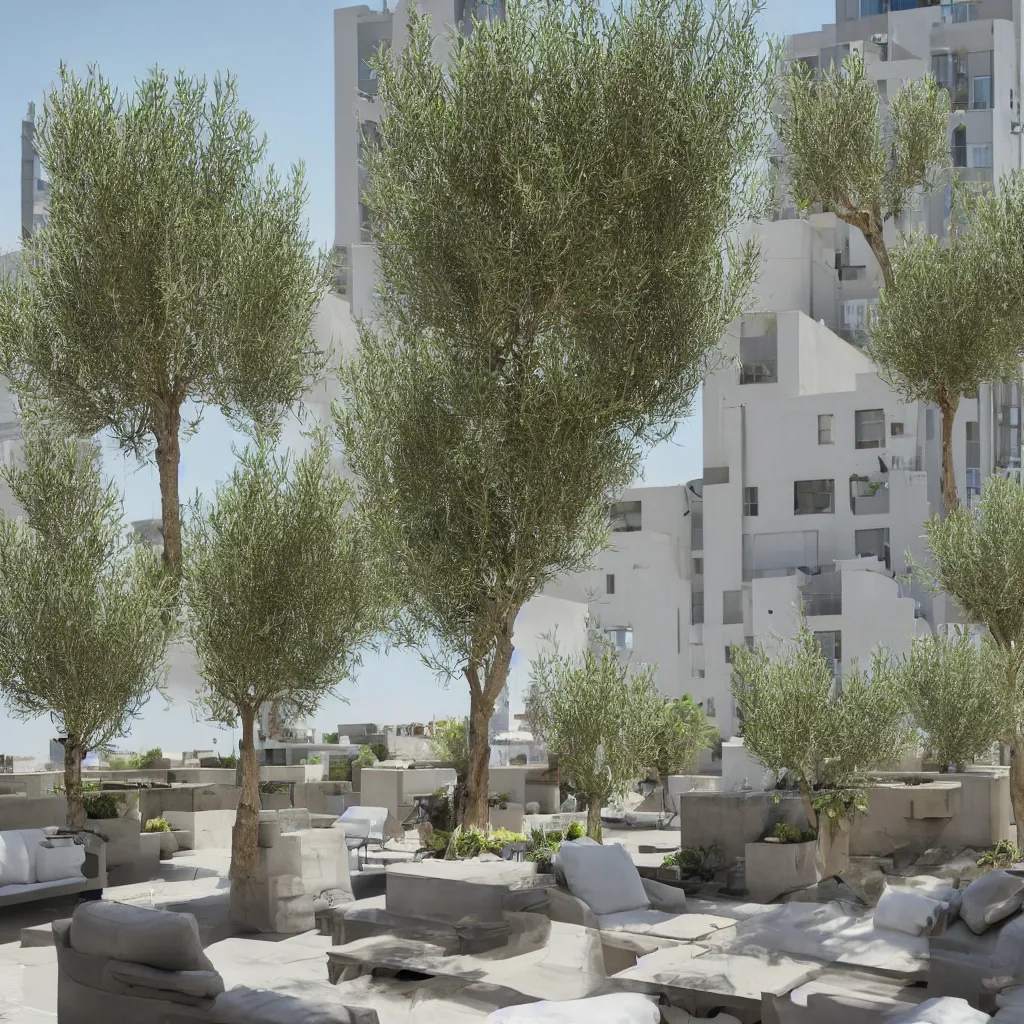 Prompt: 2 2 floor residential apartment, rooftop garden, olive trees