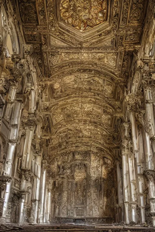 Prompt: photo inside an abandoned cathedral, ornate highly detailed intricate
