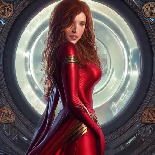 Image similar to full figure ultra realistic illustration, bella thorne as scarlet witch, intricate, elegant, highly detailed, digital painting, artstation, concept art, smooth, sharp focus, illustration, art by artgerm and greg rutkowski and alphonse mucha