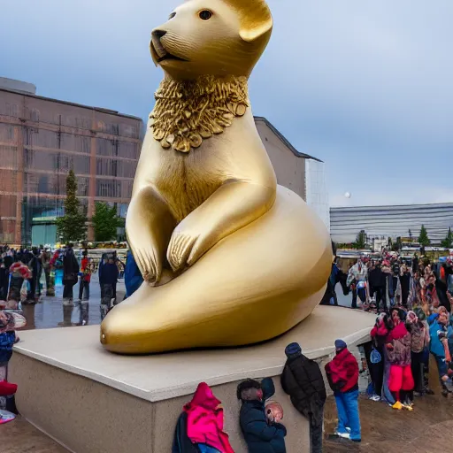 Image similar to humans praying to a statue of a giant golden baby harp seal, Leica, 4k photo