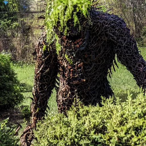 Image similar to a humanoid monster emerging from the shrubs