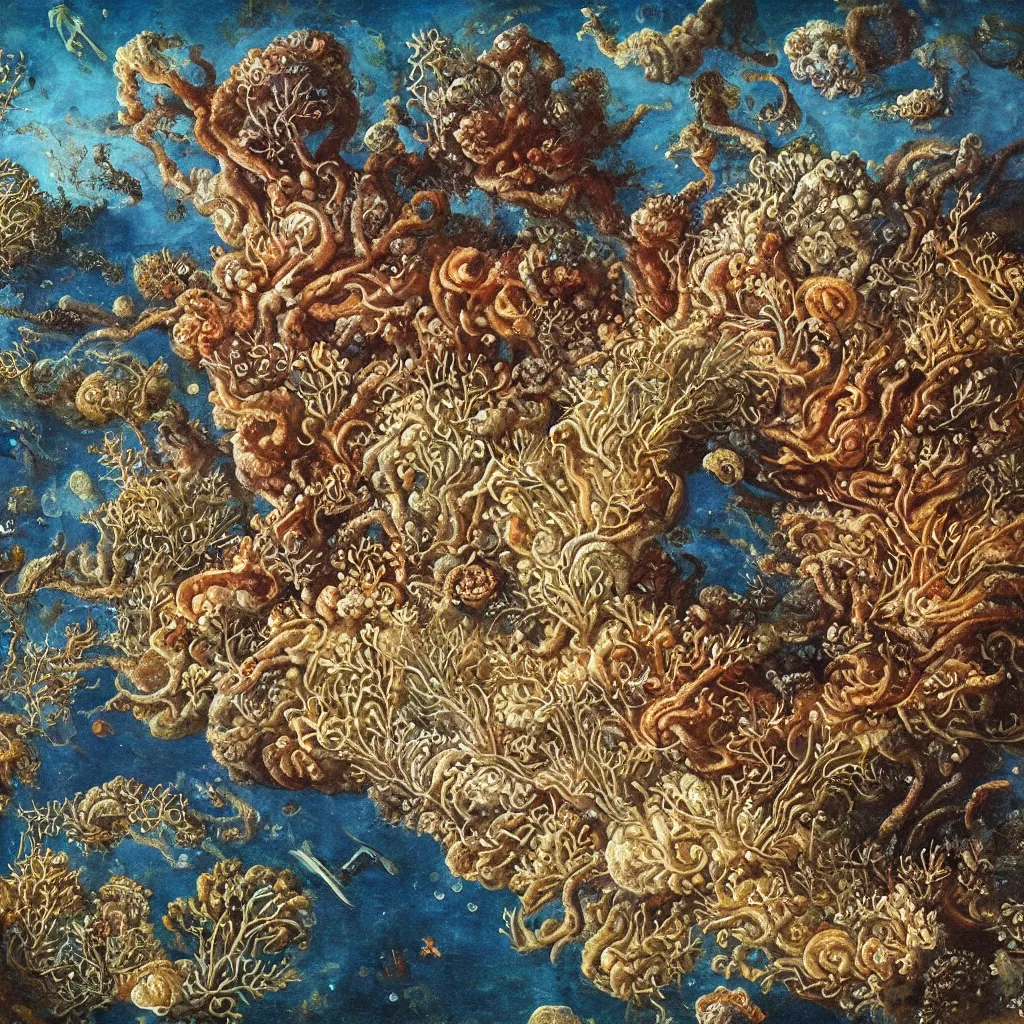 Prompt: beautiful and artistic mycelium on a fantastic planet and unusual inhabitants of the oceans, highly detailed, Allegorical Painting