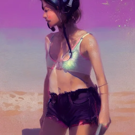 Prompt: a pink wearing headphones, at a beach party in Ibiza, Greg Rutkowski, art station