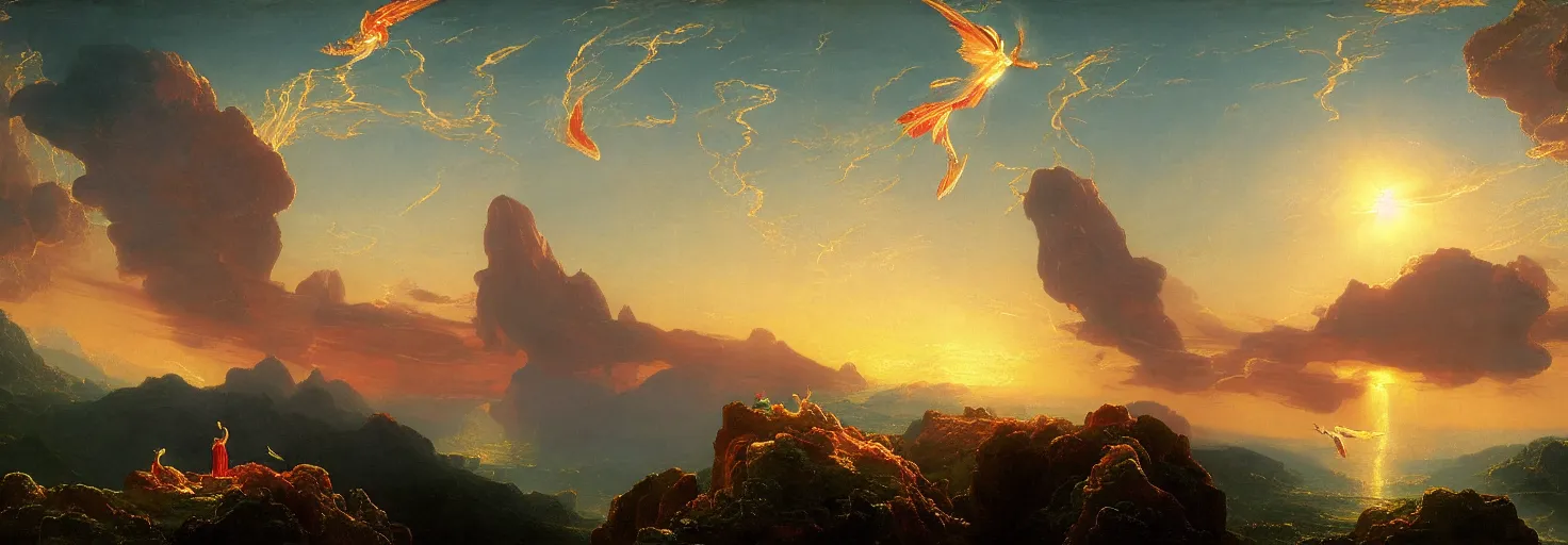 Image similar to Icarus in a firey tailspin while Daedalus looks on in disbelief, in the style of a surreal and awe-inspiring thomas cole and albert Bierstadt digital art panoramic landscape painting at sunset, unreal engine, 4k, matte, exquisite detail, lens pop