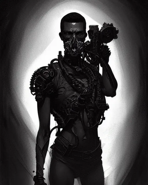 Prompt: professional concept art portrait of a diesel punk man with short black hair in a dark room by artgerm and greg rutkowski ( thin white border ). an intricate, elegant, highly detailed digital painting, concept art, smooth, sharp focus, illustration, in the style of cam sykes, wayne barlowe, igor kieryluk.