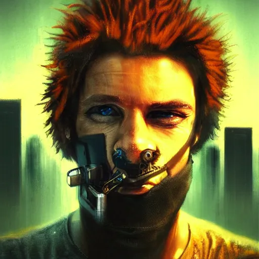 Image similar to cyberpunk, closeup portrait of a shaggy cyberpunk hacker, cigarette in mouth, dramatic light, city background, sunset, dystopian setting, high contrast, sharp, neuromancer, painted by stanley lau, painted by greg rutkowski, painted by stanley artgerm, digital art, trending on artstation