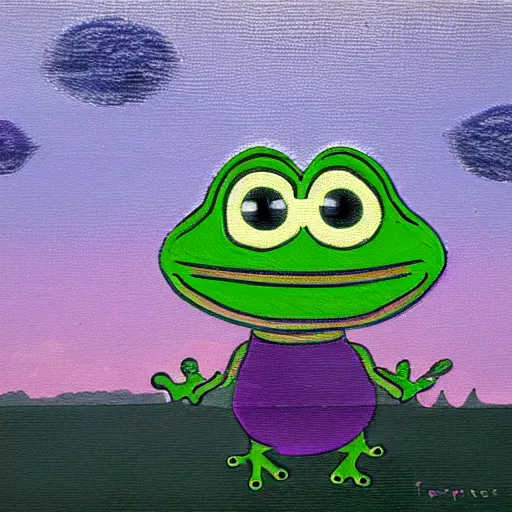 Prompt: ufo abducting pepe the frog from pasture, summer night. precisionism with tones of green, purple, pink, grey. minimalism