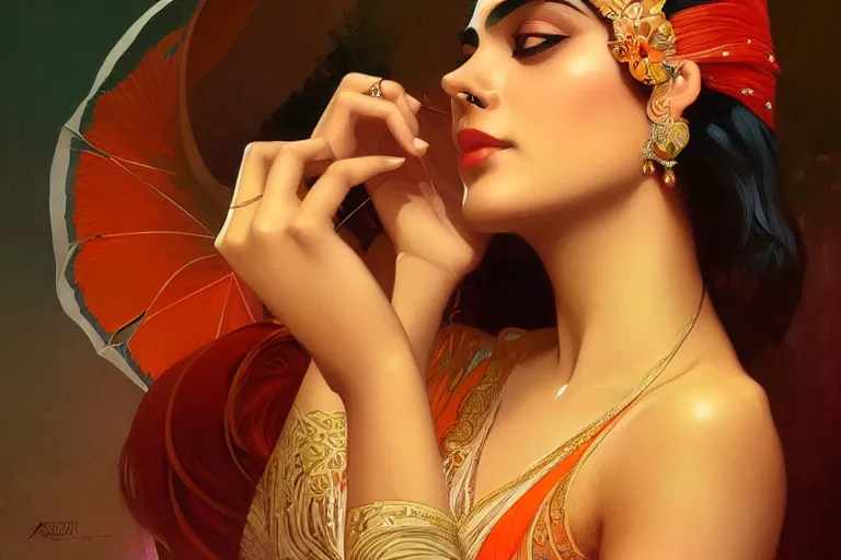 Image similar to sensual bengali girl, art deco portrait, elegant, intricate, digital painting, artstation, concept art, smooth, sharp focus, illustration, art by artgerm and greg rutkowski and alphonse mucha