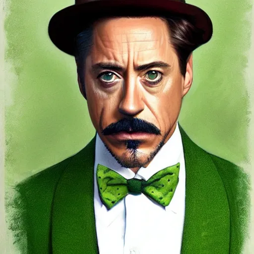 Image similar to hyper realistic portrait painting, beautifully rendered, robert downey jr. as dapper fancy luigi, moustache, wearing a green top hat, green suit and bowtie, smirking deviously, painted by greg rutkowski, wlop, artgerm, dishonored 2