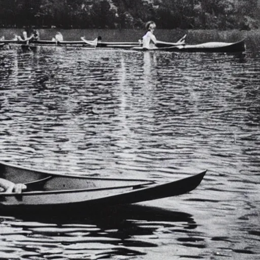 Image similar to a horrible eldritch being made of canoes and canoe paddles, eerie photo, 1 9 8 0 s nostalgic camp photo