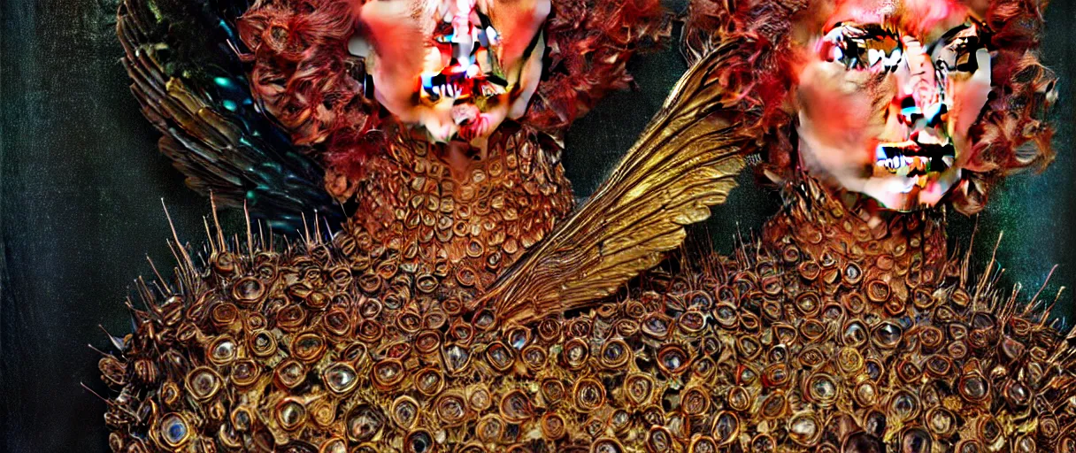 Image similar to hyperrealist highly detailed english medieval portrait of high fashion archangel wrapped in ferrofluid liquid, by Annie Swynnerton and Tino Rodriguez and Maxfield Parrish, elaborately costumed, rich color, dramatic cinematic lighting, extremely detailed, radiating atomic neon corals, concept art pascal blanche dramatic studio lighting 8k wide angle shallow depth of field