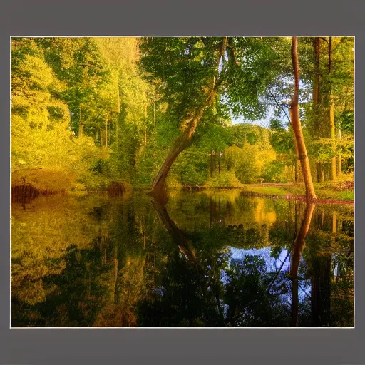 Image similar to river in a forest, golden hour, ray tracing reflection, 8k, hyper realistic, insainly detailed, hdr, octan render