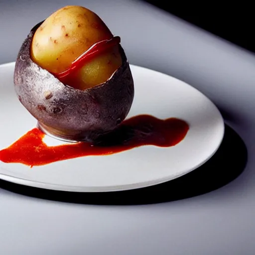 Image similar to El Bulli dish - Potato with Ketchup, food photography, award winning, mind-bending