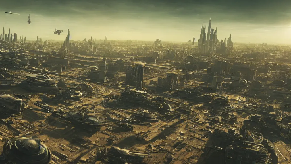 Prompt: a spaceship launching in a nuclear wasteland in the foreground, ruined city in background, thousands of spaceships flying vertically in the sky, high contrast, hyperrealistic, V-Ray render 8k UHD
