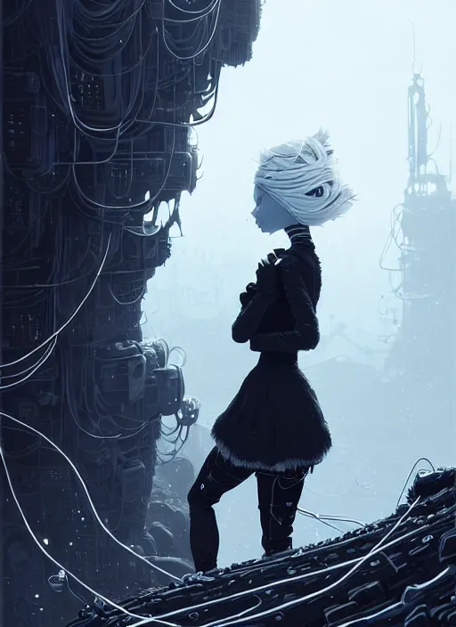 Image similar to highly detailed portrait of a giddy frostpunk long blonde hair lady with short form fitting black dress, stray wiring by atey ghailan, james gilleard, by joe fenton, by greg rutkowski, by greg tocchini, by kaethe butcher, 4 k resolution, gradient blue, black and white color scheme!!! ( ( glaciated robotic dystopian city background ) )