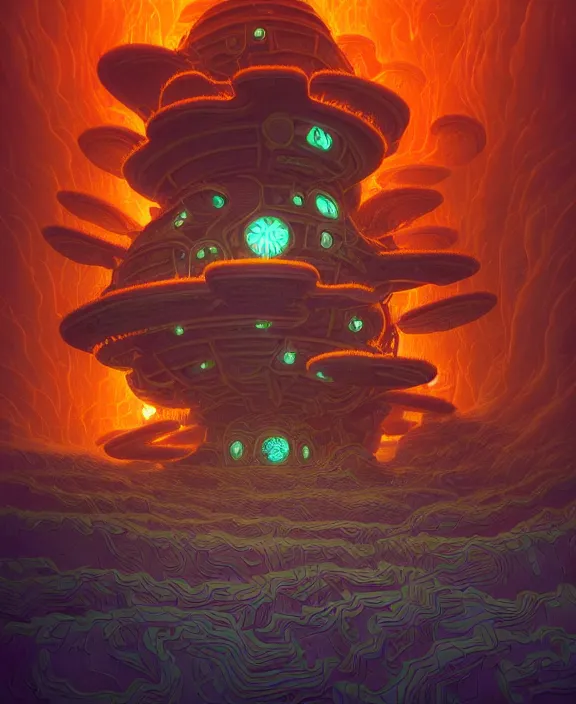 Prompt: a simple dollhouse made out of exotic fungus, weird simple fungus and tendrils, spaceship, sci - fi, robots, clinical, partly cloudy, hell, fire, brimstone, lava, by dan mumford, yusuke murata, makoto shinkai, ross tran, cinematic, unreal engine, cel shaded, featured on artstation, pixiv