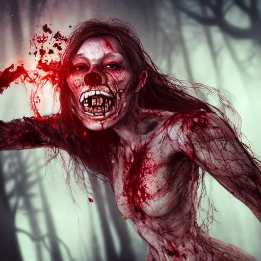 Image similar to A realistic detailed photo of a creepy witch, blood, exploded belly, red eyes, destroyed body, dead skin, dead trees, detailed body, teeth filled with cavities, foggy landscape, creepy, light particles, detailed light, realistic shaders, trending on artisation, detailed textures, detailed, realistic.