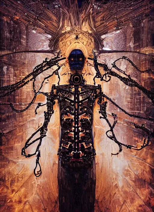 Image similar to a spiritually awakened humanoid cyborg wants to help humans free themselves from the chains of mental slavery and authoritarian politicians, surreal technological conceptual art magical cybernetic realism horror visions distopic and utopic art and the same time