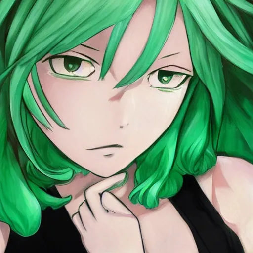 Image similar to painting of tatsumaki from one punch man, green hair, black dress, cool color palette, refreshing, soft lighting, detailed face, realistic shading, by cushart krenz, by makoto shinkai