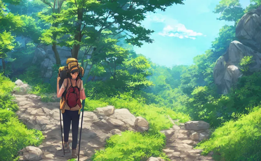 Prompt: hiking the Appalachian trail, anime scenery by Makoto Shinkai, wholesome digital art