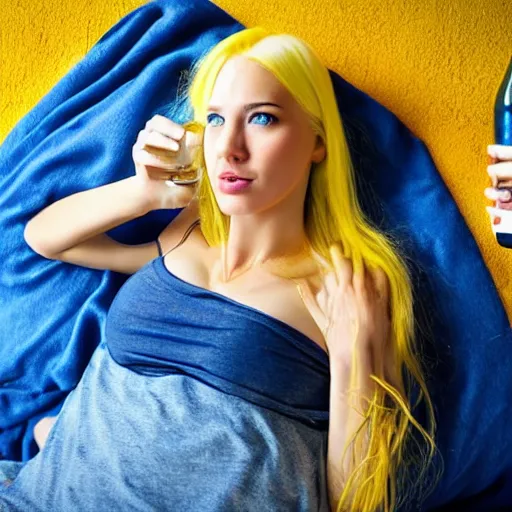 Image similar to hot tired girl yellow hair laying on bed blue blanket drinking bottle of beer relaxed seductive looking at you hand outstretched