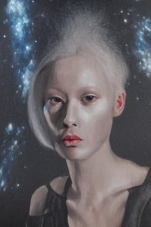 Image similar to hyperrealism oil painting, close - up portrait of albino medieval fashion model, black silk, steel gradient mixed with nebula sky, in style of baroque