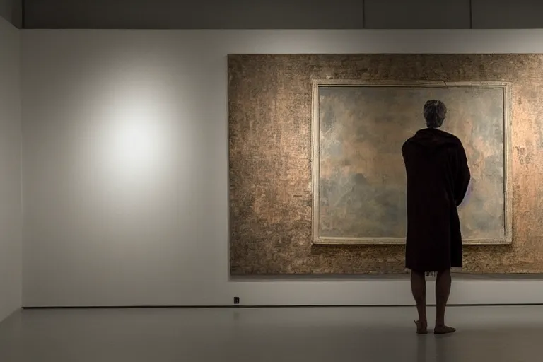 Prompt: man wearing old weathered robe in front of the framed painting, in the minimalistic retrofururistic art gallery, by rutkovski and beksinski