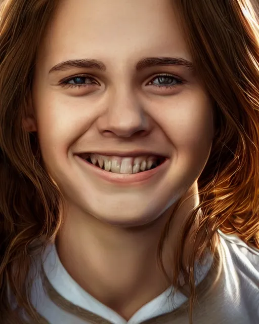 Image similar to close up portrait of 1 5 - year - old girl, smile with large front teeth, hermione granger, very bushy brown hair, and very bright brown eyes, wearing white shirt, hyper realistic face, beautiful eyes, character art, art by mark brooks, hyperdetailed, cryengine, trending on artstation, digital art