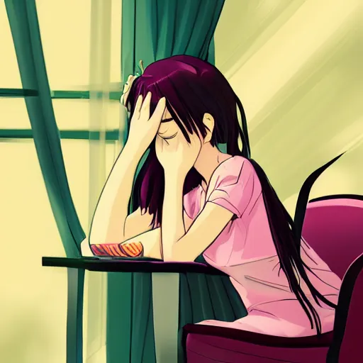 Image similar to Tired anime girl sleeping on chair with head on desk, in front of windowwarm lighting, anime fan art style, magical fantasy, pink lighting, trending on DeviantArt