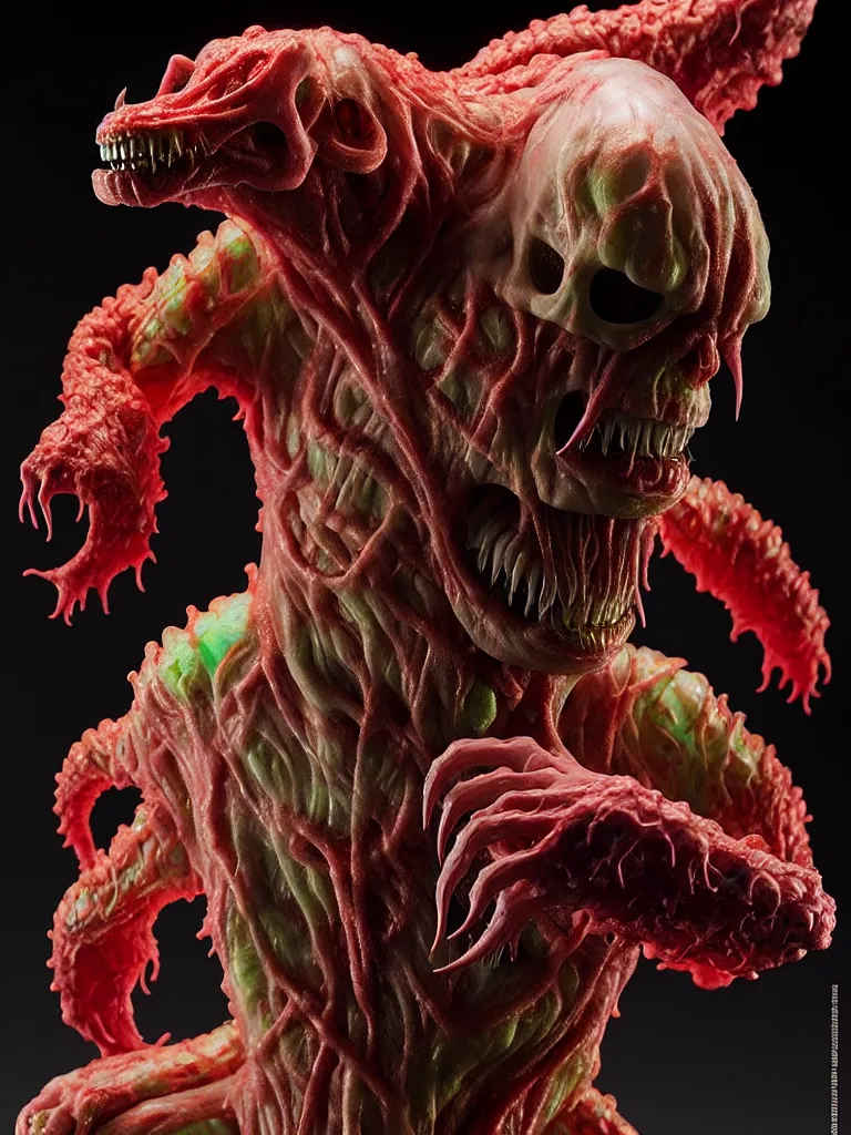 Prompt: hyperrealistic rendering, fat smooth cronenberg flesh monster transparent kaiju with skull and spine by donato giancola and greg rutkowski and wayne barlow and zdzisław beksinski, product photography, action figure, sofubi, studio lighting, colored gels, colored background