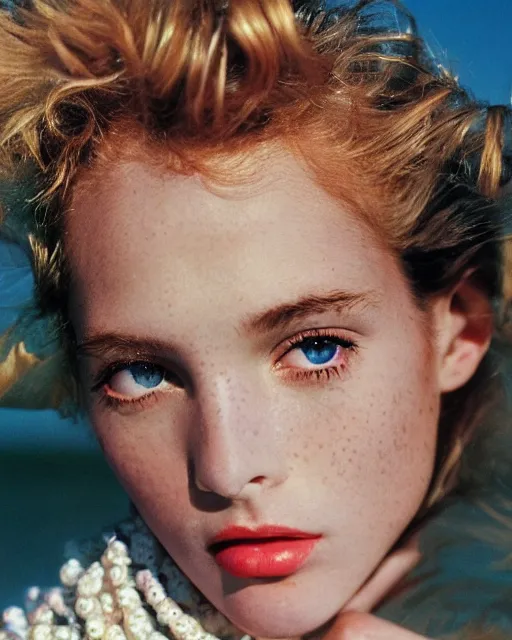 Image similar to a beautiful professional photograph by herb ritts, arthur elgort and ellen von unwerth for vogue magazine of a beautiful lightly freckled and unusually attractive female fashion model looking at the camera in a flirtatious way, zeiss 8 0 mm f 2. 8 lens