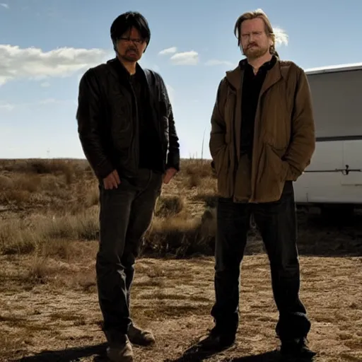Prompt: Hideo Kojima and Christopher Nolan in Breaking Bad