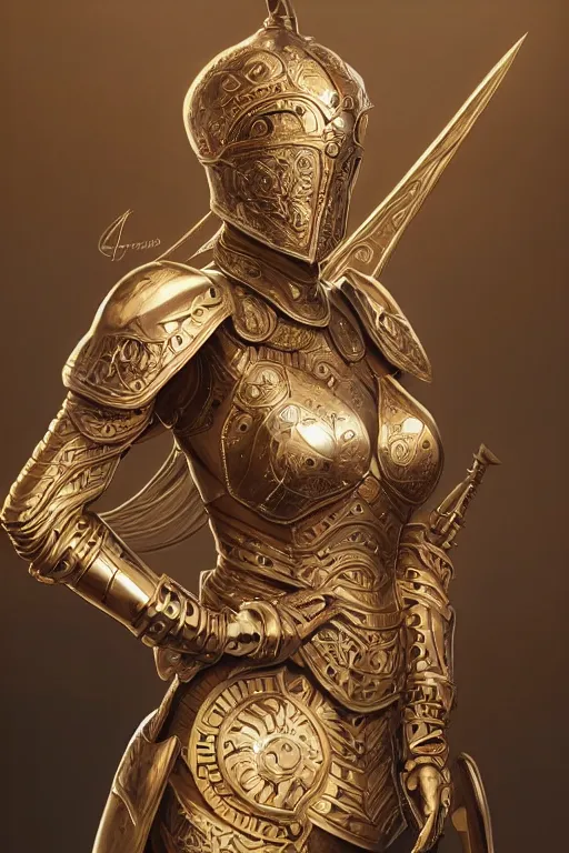 Image similar to a full body portrait of an attractive young female, ornate metallic helmet, intricate battle armor, olive skin, long dark hair, beautiful bone structure, intricate, elegant, highly detailed, digital painting, artstation, concept art, smooth, sharp focus, illustration, art by artgerm and greg rutkowski and alphonse mucha