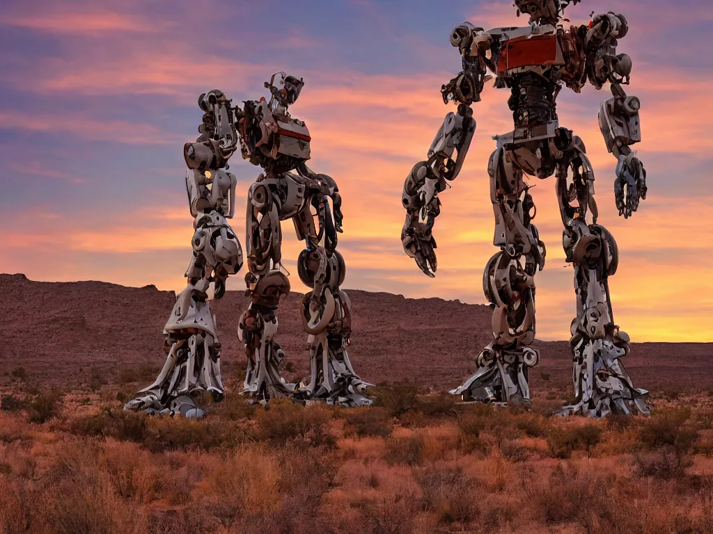 Prompt: in the American southwest at sunset, professional publicity photo of a futuristic giant humanoid mech robot with greebles, chipped paint weathered with rust