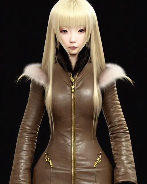 Prompt: dragon hunter, fur - lined dragonhide jacket!!! beautiful and elegant female!! gorgeous ayes!! character concept art, sharp focus, illustration, kinu nishimura!! ayami kojima! shunya yamashita! edayan!! octane render! unreal engine 5! highly rendered!! trending on artstation!! pixiv!