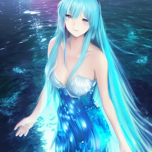 Prompt: a very beautiful anime girl wearing a dress made of water standing in a reflective crystal lake , full body, long azure blue hair, azure blue watery eyes, full round face, seductive over the shoulder stare, cinematic lighting, full body shot, highly realistically detailed, trending on artstation, Unreal Engine 4k, Stanley Artgerm Lau, WLOP, Rossdraws, James Jean, Andrei Riabovitchev, Marc Simonetti, and Sakimichan