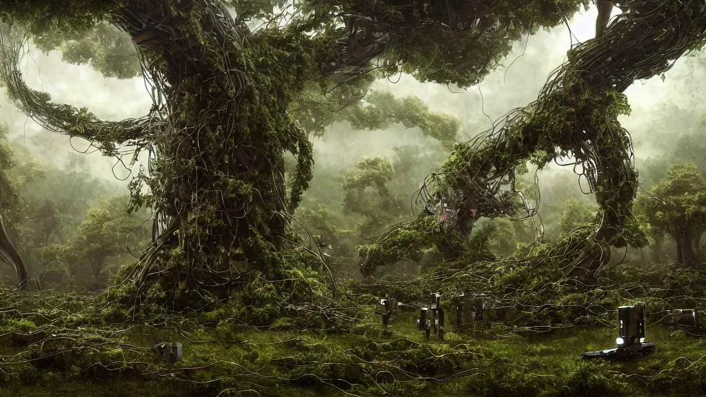 Prompt: the remnants of a broken alien supercomputer covered in wires and foliage in a mystical grove, sentry robots hovering in the air, somber melancholic matte painting, highly detailed oil painting, liminal space, 8k, stillness, solitude, sorrowful nostalgic awe-inspiring atmosphere, masterpiece