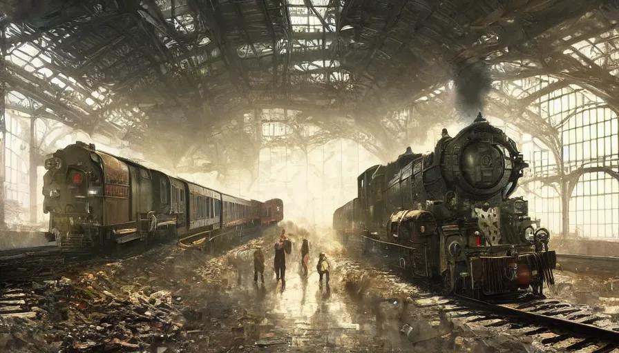 Image similar to Abandoned Dieselpunk railway station, steam, epic composition, intricate, elegant, volumetric lighting, digital painting, highly detailed, artstation, sharp focus, illustration, concept art, ruan jia, steve mccurry