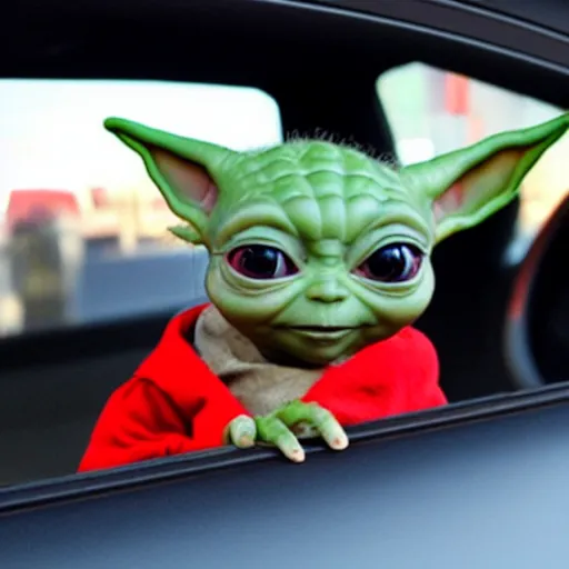 Image similar to baby yoda hanging out of car window screaming at drive thru ordering menu