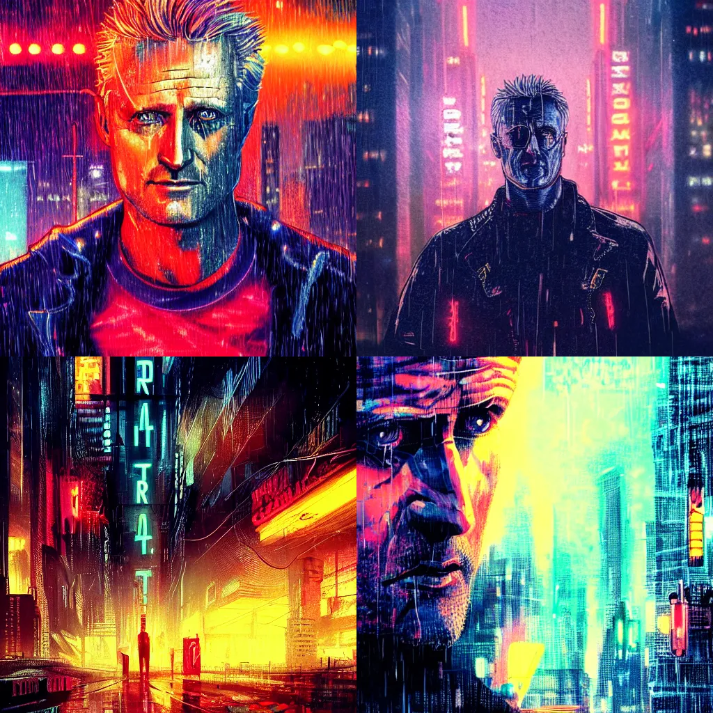 Image similar to Portrait of Roy Batty, Bladerunner, tears in the rain, hyper-detailed, cyberpunk, dystopian city skyline at night, colorful neon signs, 4k ultra hd, trending on artstation, fantasy dark art